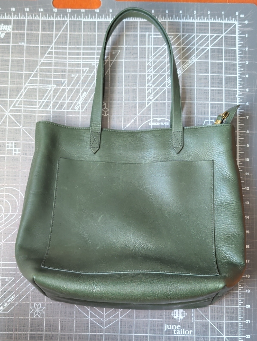 Madewell Dark Green Leather Tote with Front Slip Pocket